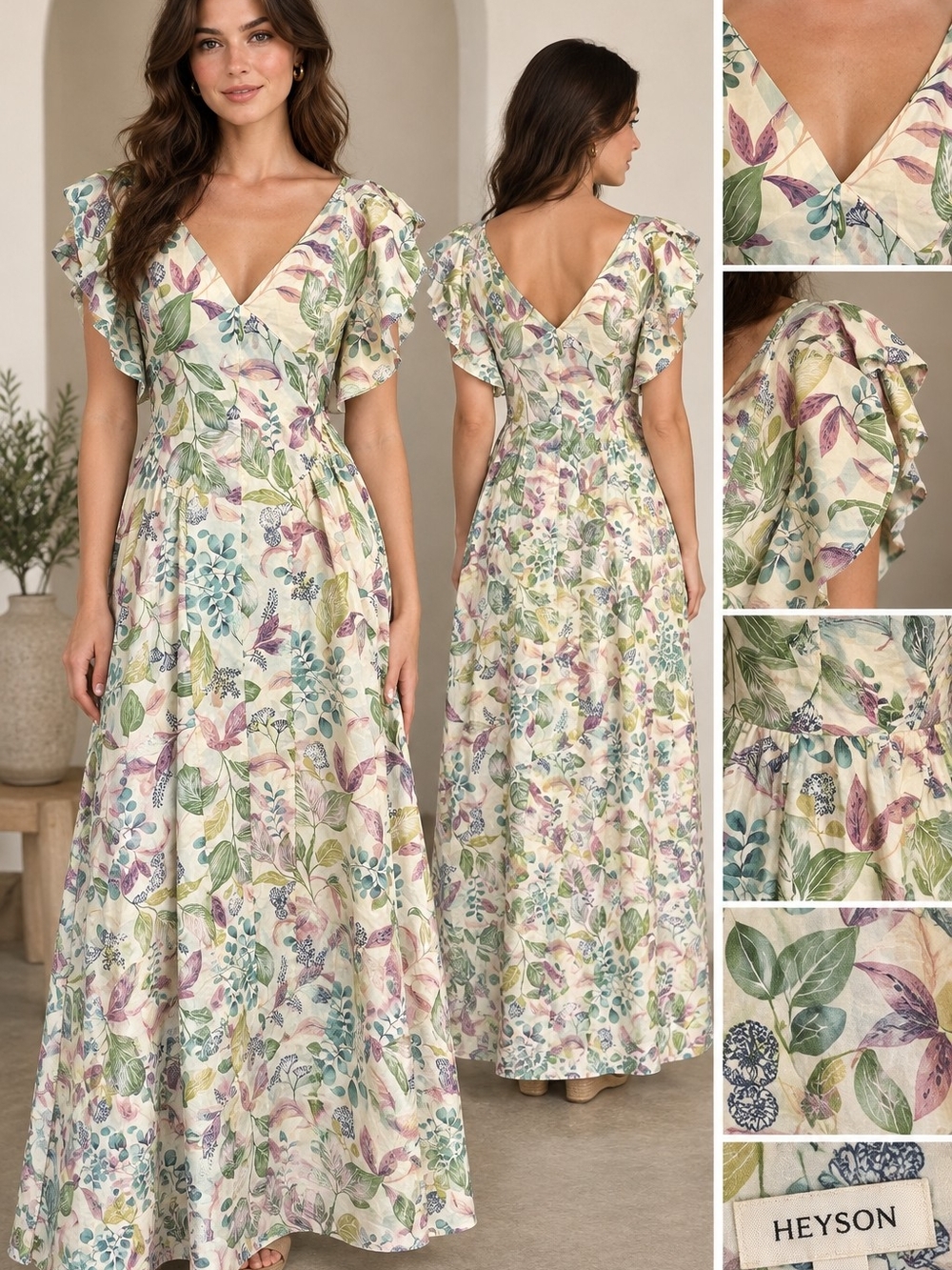 Heyson Cream Floral Maxi Dress with Pastel Leaves